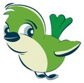 Cute cartoon bird character. Green feather animal