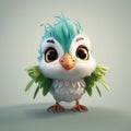 Cute Cartoon Bird With Green Horns And Blue Hair - Zbrush Style Royalty Free Stock Photo