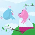 Cute cartoon birds caring for a large egg