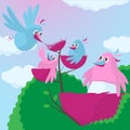 Cute cartoon birds with an expanding family