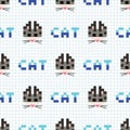 Cute cartoon 8bit black cat with text seamless vector pattern. Kawaii pixel art kitty pet. Domestic pet kitten video