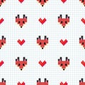 Cute cartoon 8bit red fox with heart seamless vector pattern. kawaii pixel art forest wildlife. Woodland animal with