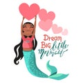 Cute, cartoon, black african american girl mermaid keeping the bright pink big heart Royalty Free Stock Photo