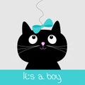 Cute cartoon black cat with blue bow. Baby shower card Royalty Free Stock Photo