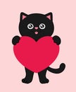 Cute cartoon black cat with a heart in his paws. Cute template for love card or Valentines Day greeting Royalty Free Stock Photo