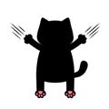 Cute cartoon black cat kitten. Back view. Pink paw print. Claws animal scratch scrape track. Funny kawaii baby character. Sticker
