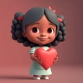 Cute cartoon black hair brown eyes African-American girl holding red candy heart Royalty Free Stock Photo