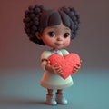 Cute cartoon black hair brown eyes Latino girl holding red candy heart Royalty Free Stock Photo