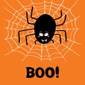 Cute cartoon black spider with guilty look, white cobweb and boo word on orange background. Halloween greeting card. Vector stock