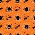 Cute cartoon black spider with guilty look, white cobweb and boo word on a orange background. Halloween seamless pattern. Vector Royalty Free Stock Photo