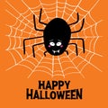 Cute cartoon black spider with guilty look, white cobweb and happy halloween lettering on orange background. Halloween greeting