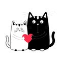 Cute cartoon black white cat boy and girl holding red heart. Kitty couple on date. Royalty Free Stock Photo