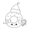 Cute cartoon black and white character christmas donut with santa hat funny vector illustration for coloring art
