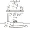 Cute cartoon black and white christmas fireplace with cat lying sleeping on oval carpet vector illustration for coloring art Royalty Free Stock Photo