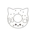 Cute cartoon black and white donut cat funny vector illustration for coloring art
