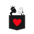 Cute cartoon black white giraffe in the pocket Boy girl and heart. Camelopard couple on date. Long neck. Funny character set.