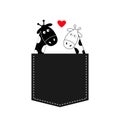 Cute cartoon black white giraffe in the pocket Boy girl with heart. Camelopard couple on date. Long neck. Funny character set. Royalty Free Stock Photo