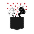 Cute cartoon black white giraffe in the pocket boy and girl with little hearts. Camelopard couple on date. Long neck. Royalty Free Stock Photo