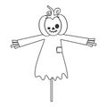 Cute cartoon black and white halloween vector illustration with pumpkin scarecrow isolated