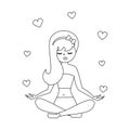 Cute cartoon vector black and white illustration for coloring art with young girl practices yoga in the lotus position