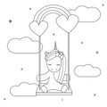 Cute cartoon black and white vector illustration with lovely unicorn sitting on a rainbow swing for coloring art