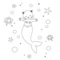 Cute cartoon black and white mermaid cat under the sea vector funny illustration for coloring art Royalty Free Stock Photo