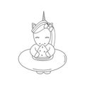 Cute cartoon black and white unicorn with float eating watermelon slice summer vector illustration Royalty Free Stock Photo