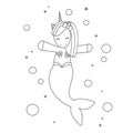 Cute cartoon black and white unicorn mermaid in the sea vector illustration for coloring art