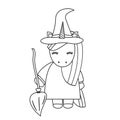 Cute cartoon black and white unicorn witch with broom halloween vector illustration isolated