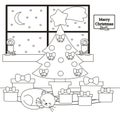 Cute cartoon black and white vector home interior with Christmas tree, gifts and a cat lying sleeping illustration for coloring ar Royalty Free Stock Photo