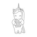 Cute cartoon black and white vector illustration with unicorn eating chocolate for coloring art