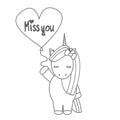 Cute cartoon black and white vector unicorn with balloon with hand drawn lettering miss you text illustration for coloring art Royalty Free Stock Photo