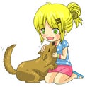 Cute cartoon blond child girl character is playing and cuddling