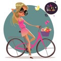 Cute cartoon blonde girl on the bycicle Royalty Free Stock Photo