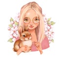 Cute cartoon blonde girl and little rabbit