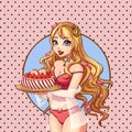 Cute cartoon blonde girl in pink pajamas holding strawberry cake.