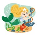 Cute cartoon blonde haired mermaid with a anchor vector illustration