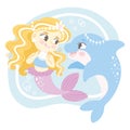 Cute cartoon blonde haired mermaid with a dolphin vector illustration