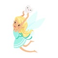 Cute cartoon blonde Tooth Fairy girl flying and bearing tooth above the head colorful character vector Illustration Royalty Free Stock Photo