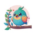 Cute cartoon blue bird sitting on a branch. Royalty Free Stock Photo