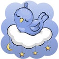 Cute cartoon blue bird sleeps on a cloud.