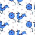 Cute Cartoon Blue Birds With Flowers Vector Repeat Pattern With A Grey Heart Background On White Royalty Free Stock Photo