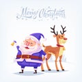 Cute cartoon blue costume Santa Claus ringing bell and funny reindeer Merry Christmas vector illustration Greeting card Royalty Free Stock Photo