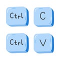 Cute cartoon blue Ctrl C and Ctrl V keyboard buttons. Copy and paste key shortcuts for PC, computer and laptop. Key