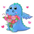 Cute cartoon blue dragon with a bouquet of flowers and hearts .
