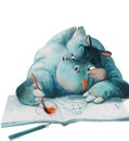 Cute cartoon blue hippo girl drawing in sketchbook