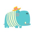 Cute cartoon blue hippopotamus in straw hat. African animal colorful character vector Illustration