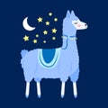 Cute cartoon blue llama sleeps on a background of the starry sky.