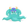 Cute cartoon blue monster. Scary character with tentacles. Octopus looking devil horned cephalopod. Halloween party symbol.