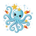 Cute cartoon blue octopus. Baby vector illustration